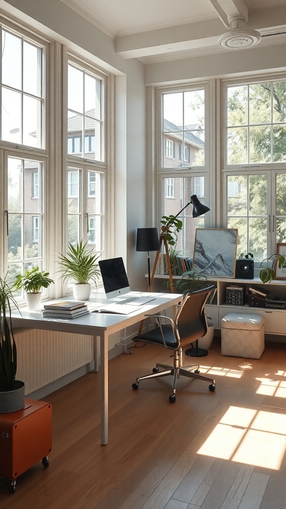 Bright home office with large windows, plants, and a modern desk setup