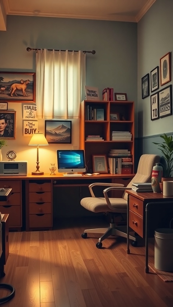 15 Inspiring Home Offices You'll Absolutely Adore 10 A cozy vintage retro workspace featuring a wooden desk, a comfortable chair, framed art on the walls, and a modern computer.