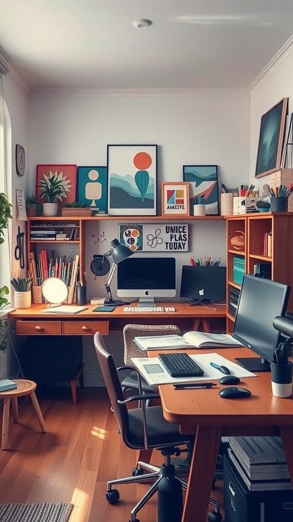 21 Inspiring Home Office Setup Ideas that You'll Love 17 A cozy artistic studio office with wooden furniture, colorful artwork on the walls, plants, and a computer setup.