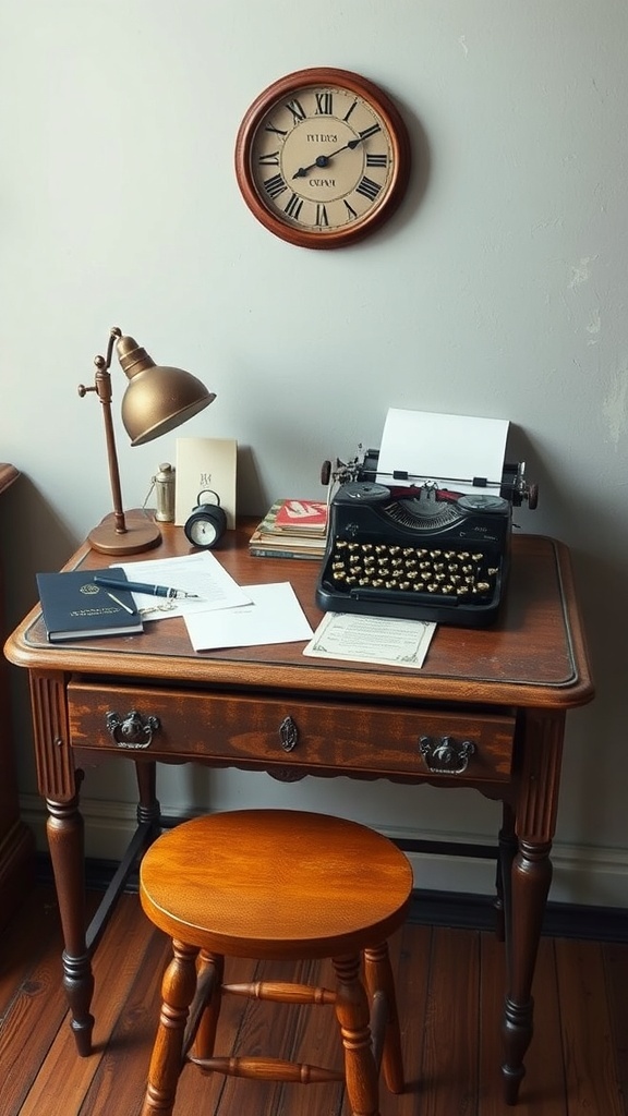 19 Inspiring Home Office Desk Ideas to Elevate Your Workspace 25 A vintage writing desk with a typewriter, lamp, and clock, creating a cozy workspace.