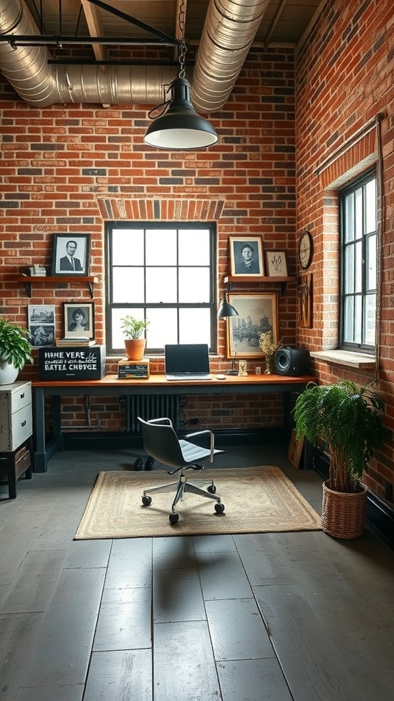 15 Inspiring Home Offices You'll Absolutely Adore 8 An industrial chic loft office with exposed brick walls, a wooden desk, a modern chair, and a potted plant.