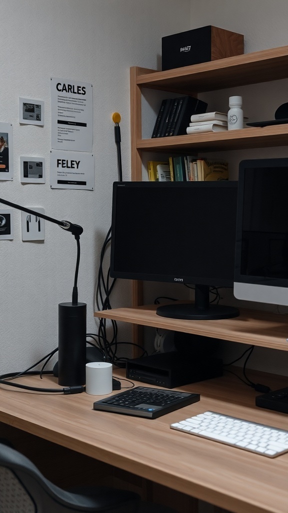 A tidy home office setup with organized cables and devices on a wooden desk.