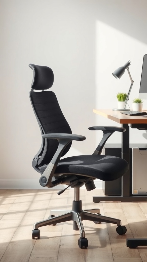 21 Inspiring Home Office Setup Ideas that You'll Love 7 An ergonomic office chair with adjustable features next to a desk in a well-lit home office