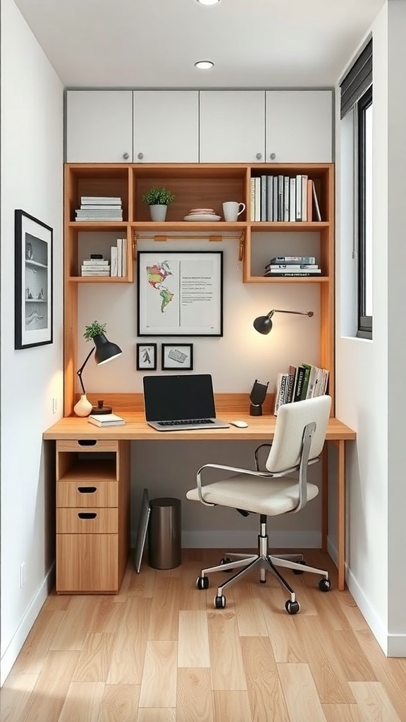 21 Inspiring Home Office Setup Ideas that You'll Love 13 A compact home office setup featuring a wooden desk, shelves above, and a comfortable chair, designed for small spaces.