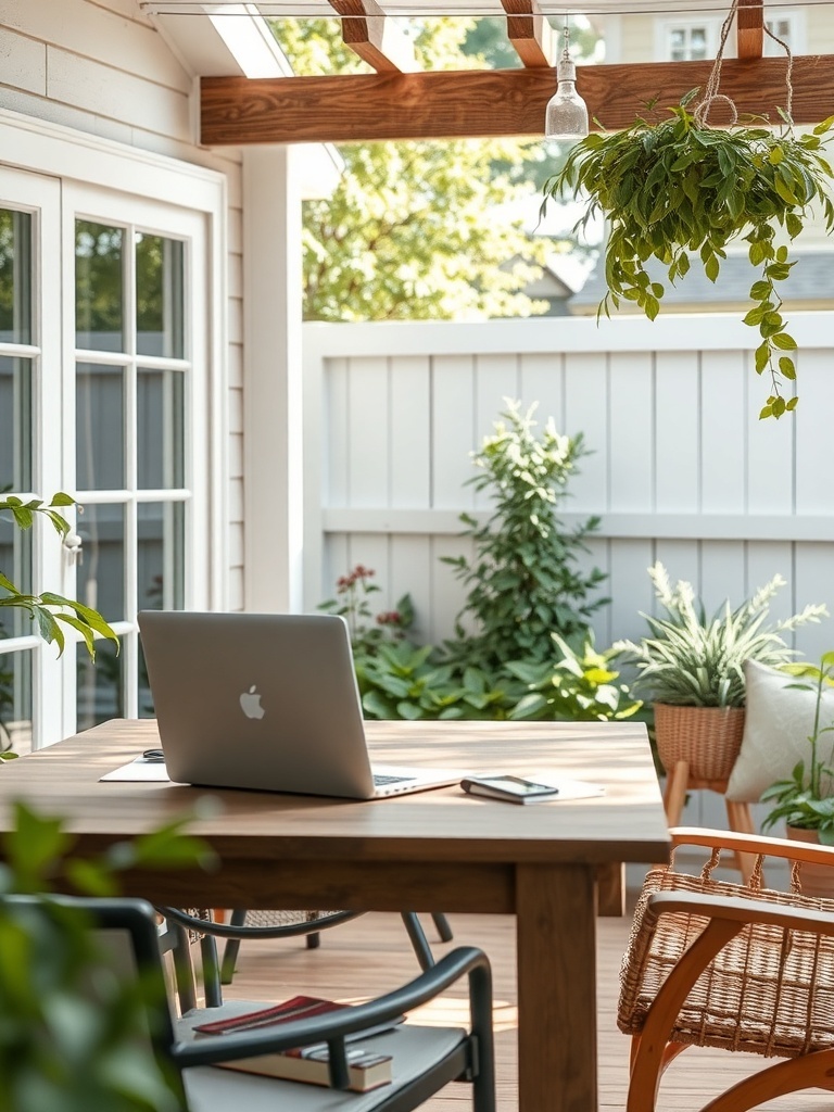 A cozy outdoor workspace featuring a wooden table, laptop, and surrounding plants.