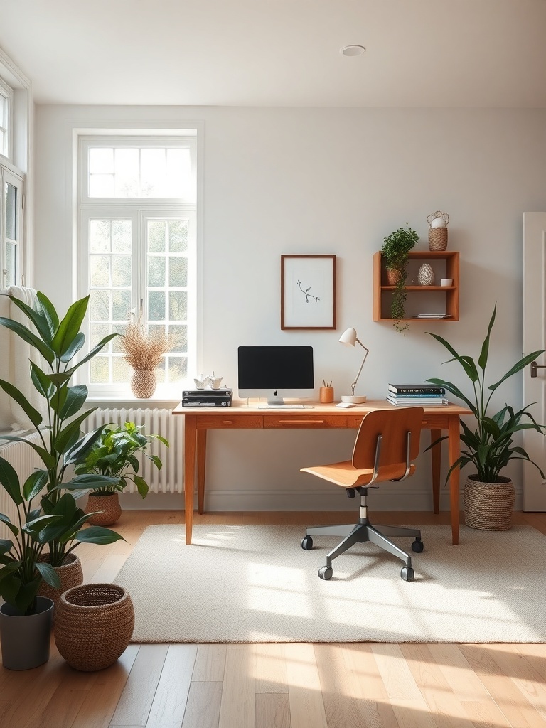 A bright and serene home office with a wooden desk, comfortable chair, and indoor plants.