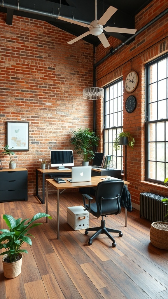 15 Home Office Inspiration to Transform Your Workspace 3 A stylish industrial style loft office featuring exposed brick walls, large windows, and modern furniture.