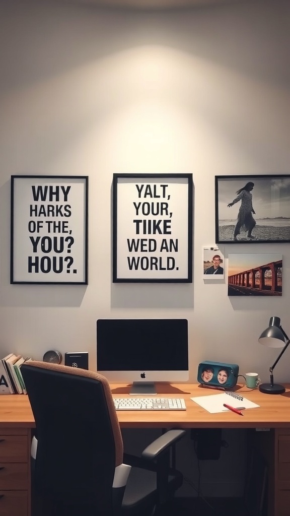 A home office setup featuring three framed wall art pieces with playful phrases and a serene photo.