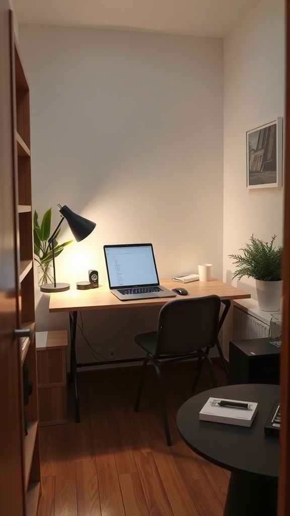 19 Inspiring Home Office Desk Ideas to Elevate Your Workspace 31 A compact foldable desk in a cozy home office setting with a laptop, lamp, and plants.