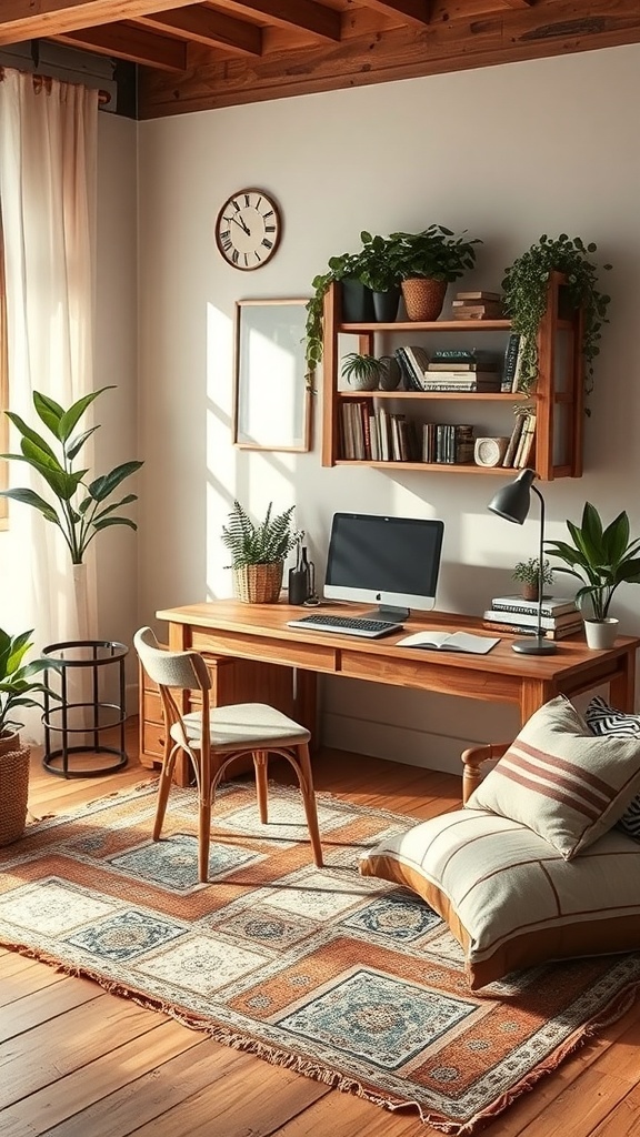 10 Cozy Home Office Ideas for Ultimate Comfort 8 A cozy home office featuring a wooden desk, a comfortable chair, layered textiles, and plants.