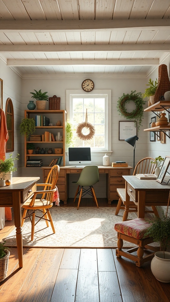 15 Inspiring Home Offices You'll Absolutely Adore 12 A cozy farmhouse rustic office with wooden furniture, plants, and natural light.
