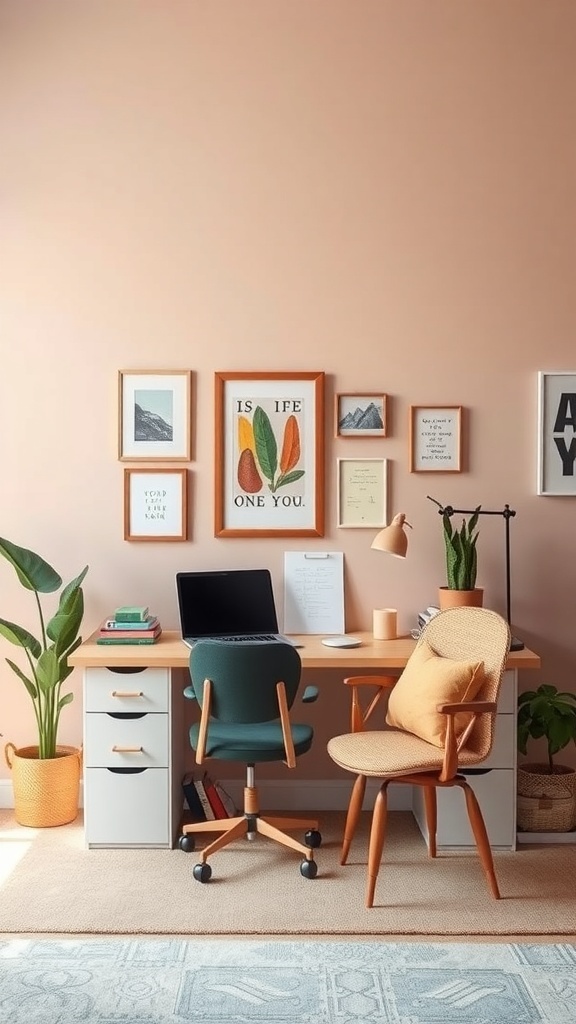 10 Cozy Home Office Ideas for Ultimate Comfort 3 Cozy home office with peach walls, green chair, and framed artwork