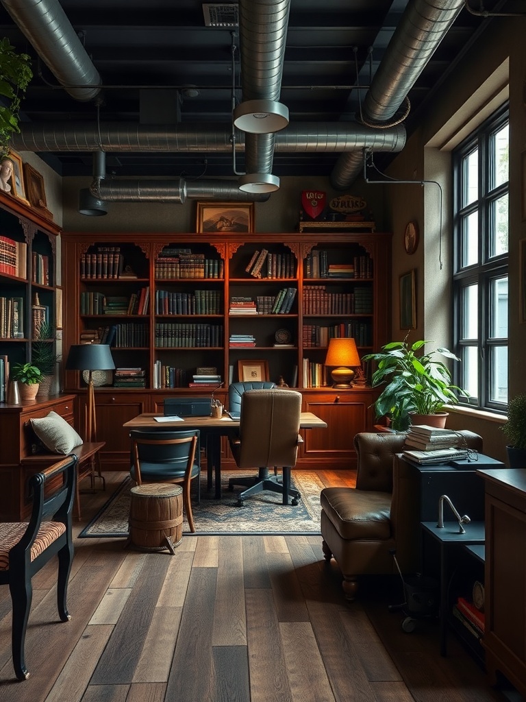 A vintage study with wooden shelves, a leather chair, and a wooden desk, featuring rich textures and natural light.