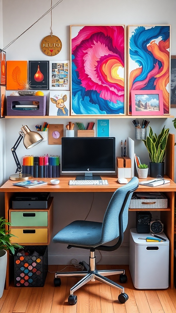 19 Inspiring Home Office Desk Ideas to Elevate Your Workspace 26 A colorful home office desk with vibrant artwork, stationery, and plants.
