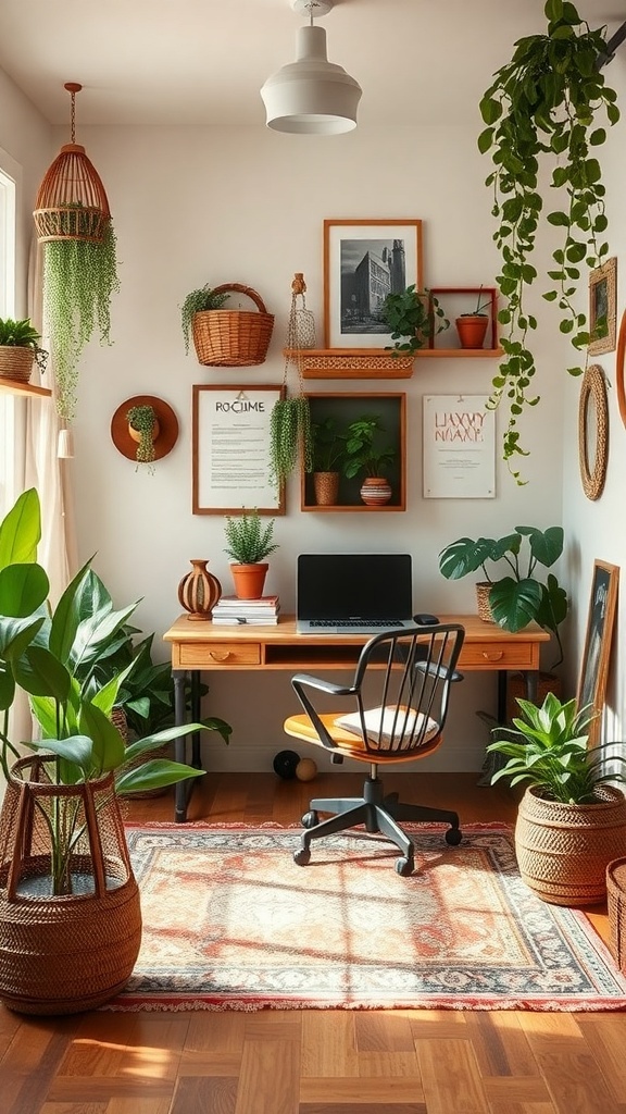 A cozy bohemian home office with plants, a wooden desk, and decorative wall art.