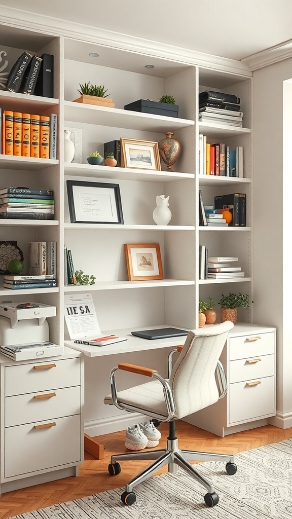 10 Cozy Home Office Ideas for Ultimate Comfort 2 A cozy home office with built-in shelves, a desk, and storage drawers.