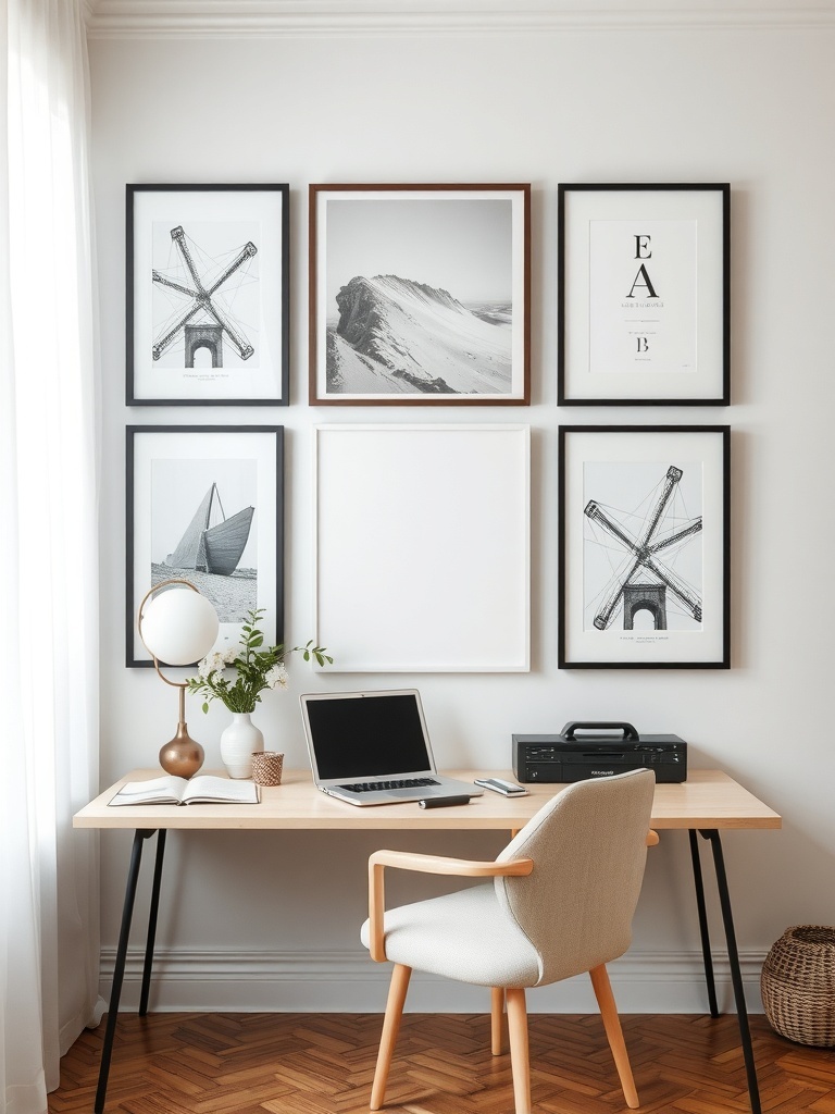 20 Classy Feminine Home Office Ideas for a Stylish Workspace 22 A stylish home office with framed wall art, a desk, and a chair.