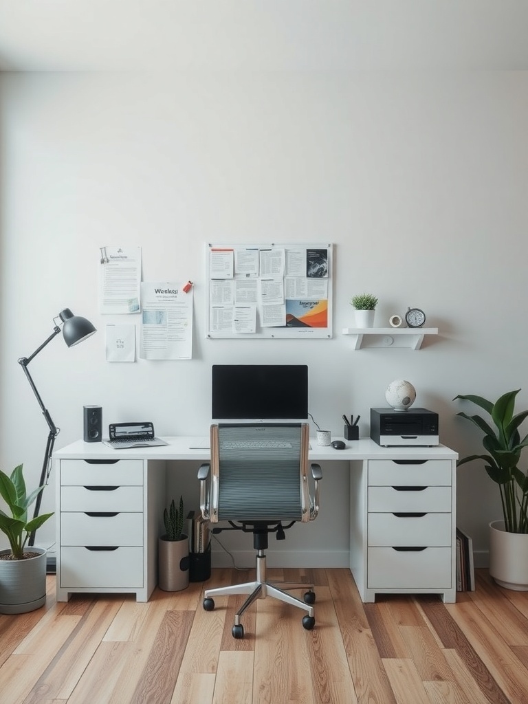 20 Classy Feminine Home Office Ideas for a Stylish Workspace 39 A stylish and functional home office layout featuring a desk, ergonomic chair, plants, and a desk lamp.