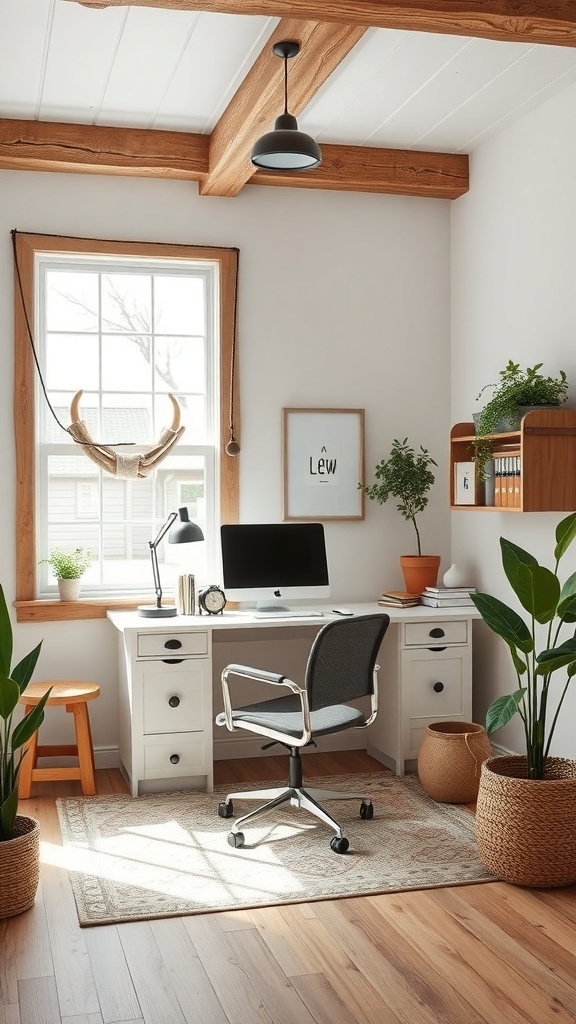 A modern farmhouse home office with a white desk, computer, and plants