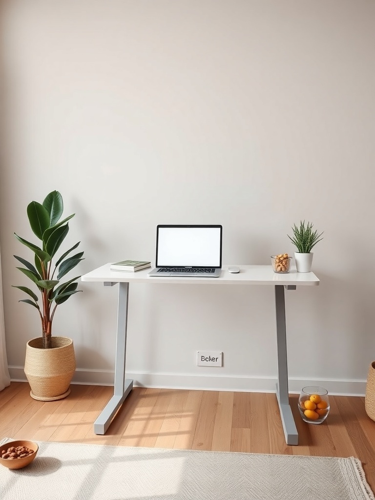 A modern standing desk with a laptop, books, and plants in a bright home office