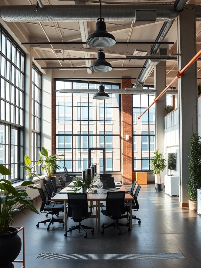 A modern urban loft office with high ceilings, large windows, and a long table surrounded by chairs.