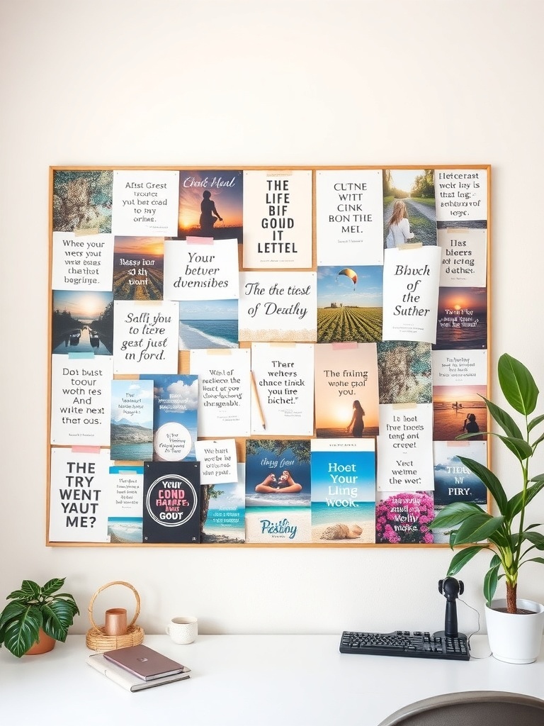20 Classy Feminine Home Office Ideas for a Stylish Workspace 26 A vision board filled with motivational quotes and images, displayed in a feminine home office setting.