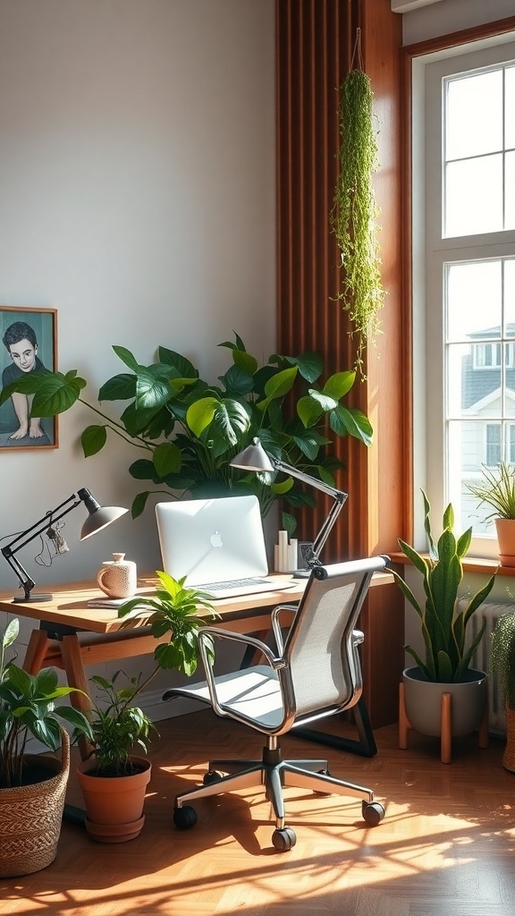15 Inspiring Home Offices You'll Absolutely Adore 7 A bright home office featuring a wooden desk, a comfortable chair, and various indoor plants, creating a nature-inspired workspace.