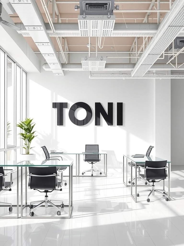 A modern home office featuring glass desks, metal frames, and a large wall with the name 'TONI' in bold letters.