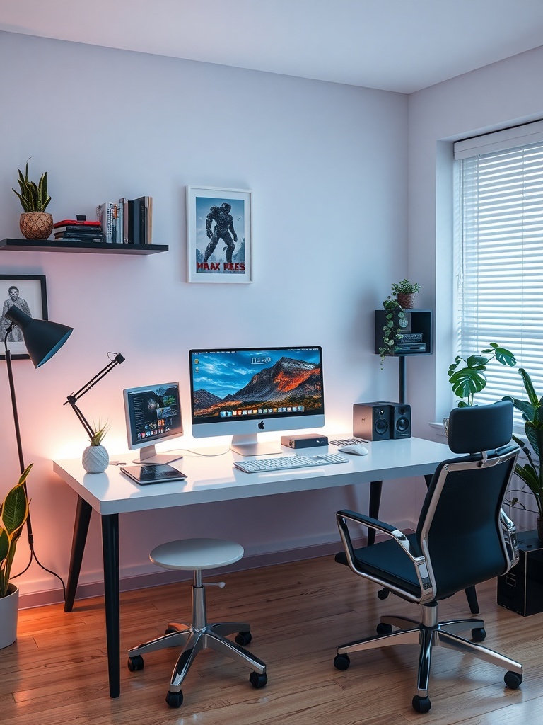 A modern tech-integrated home office with a large monitor, laptop, and stylish decor.