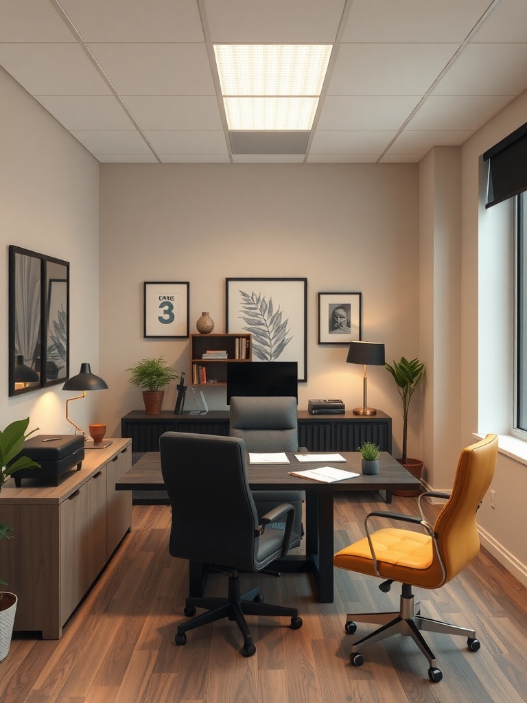 A modern home office featuring neutral tones with a bold yellow chair and stylish decor.