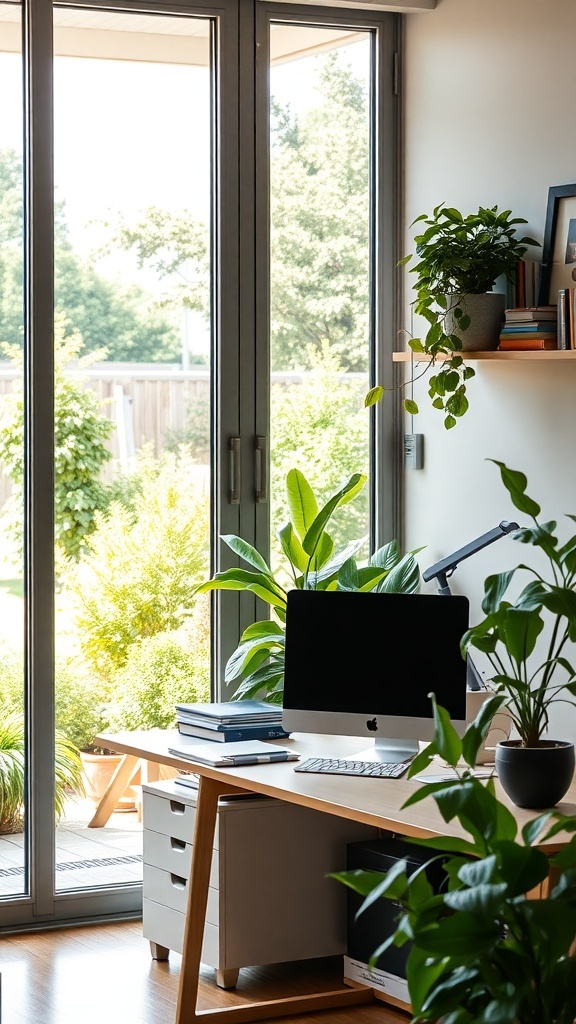 21 Inspiring Home Office Setup Ideas that You'll Love 3 A modern home office with a garden view, featuring a desk, computer, and indoor plants.