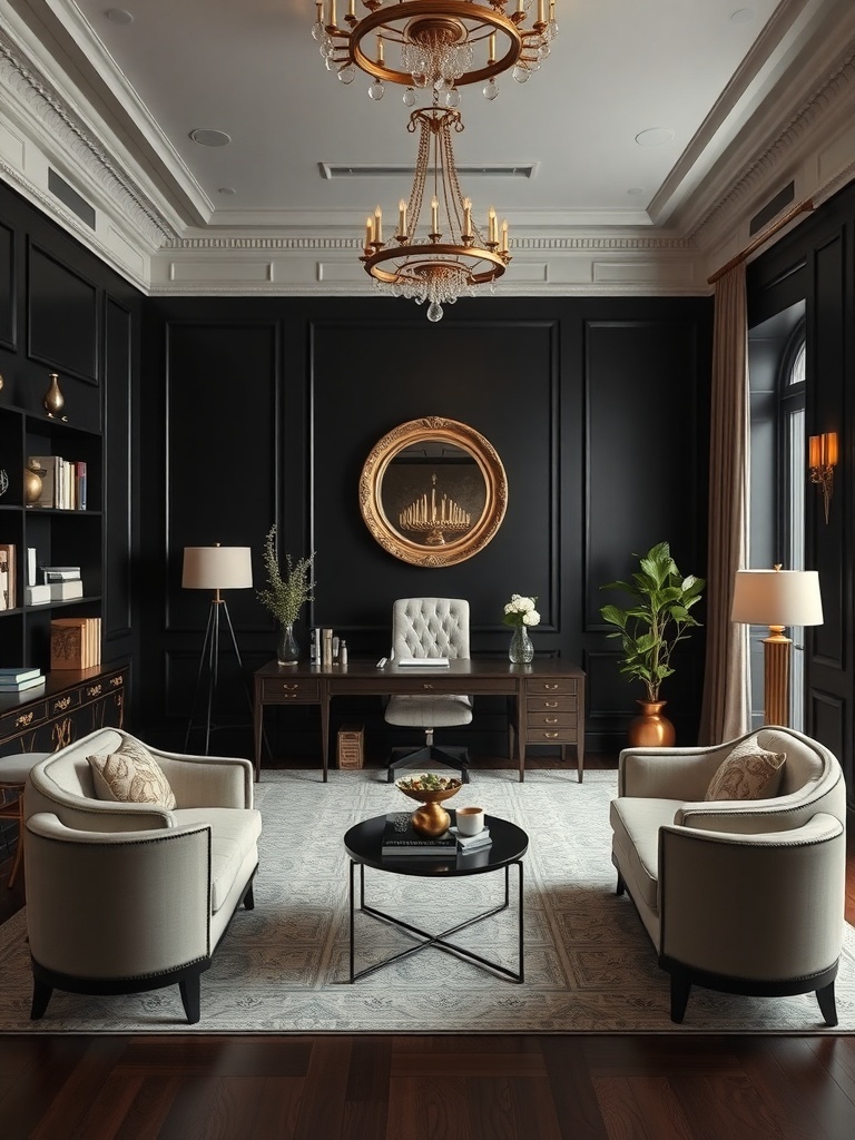 A sophisticated home office featuring black walls, gold accents, and elegant furniture.