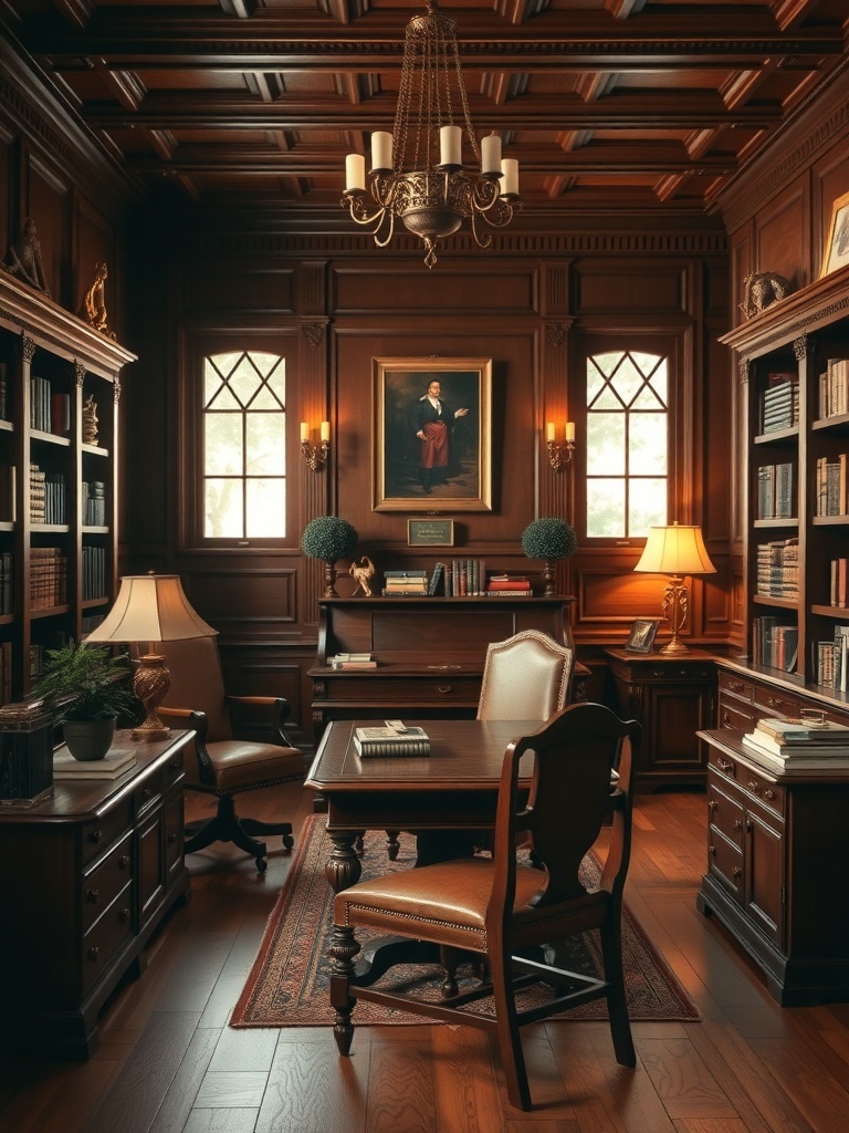 15 Inspiring Home Study Room Designs You'll Fall In Love With 5 A traditional wooden office featuring dark wood furniture, a vintage chandelier, and bookshelves filled with books.