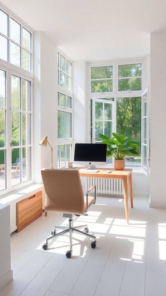 15 Home Office Inspiration to Transform Your Workspace 2 A bright and minimalist home office with large windows, a wooden desk, a comfortable chair, and a potted plant.