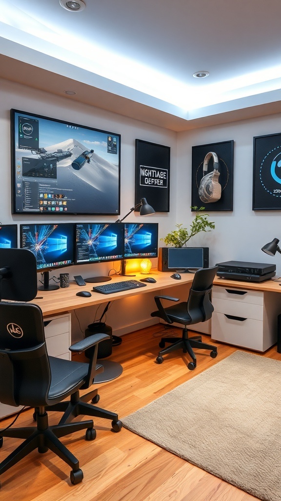 15 Home Office Inspiration to Transform Your Workspace 6 A modern tech-savvy home office setup with multiple monitors and a large wall screen.