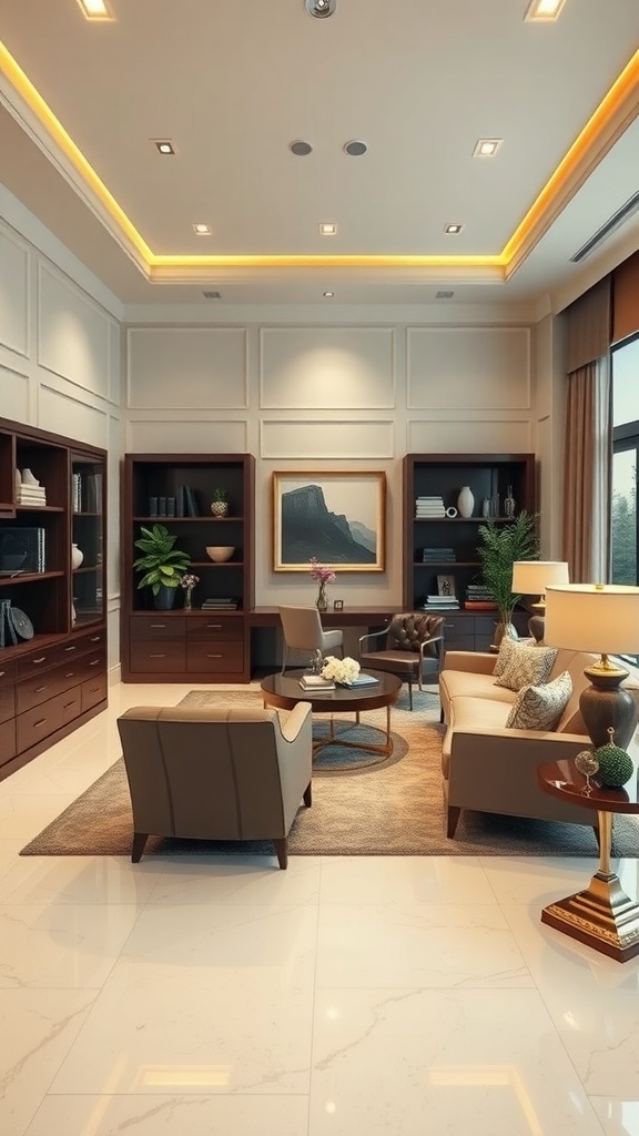 Luxurious executive suite with elegant furniture and decor