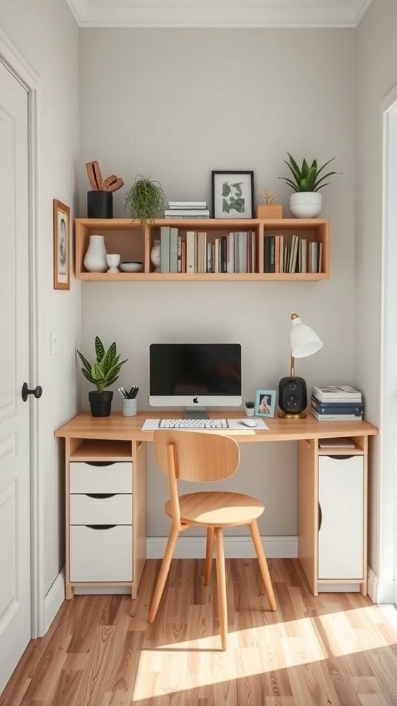 15 Home Office Inspiration to Transform Your Workspace 14 A compact home office setup featuring a wooden desk, computer, and wall-mounted shelves with books and plants.
