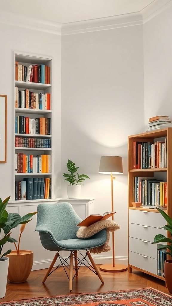A cozy reading nook with a comfortable chair, bookshelves filled with books, a lamp, and plants.