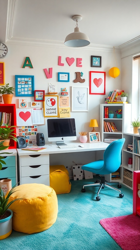 21 Inspiring Home Office Setup Ideas that You'll Love 12 A colorful home office with bright decor, a modern desk, and playful elements.