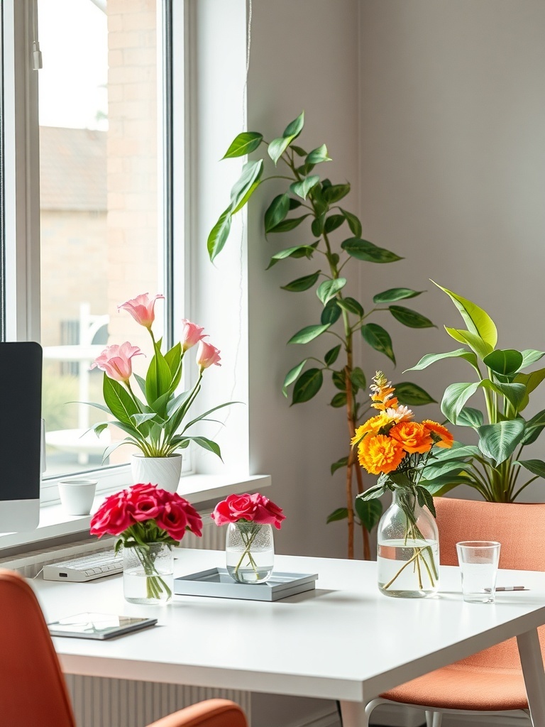 20 Classy Feminine Home Office Ideas for a Stylish Workspace 30 A bright home office with floral accents and greenery, featuring colorful flowers in vases and a tall plant by the window.