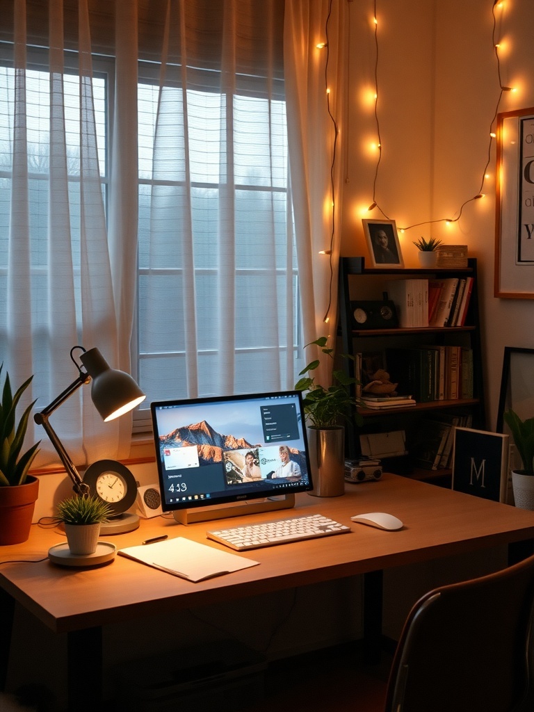 19 Inspiring Small Home Office Ideas 36 A cozy home office with ambient lighting, featuring a desk with a computer, lamp, and plants.