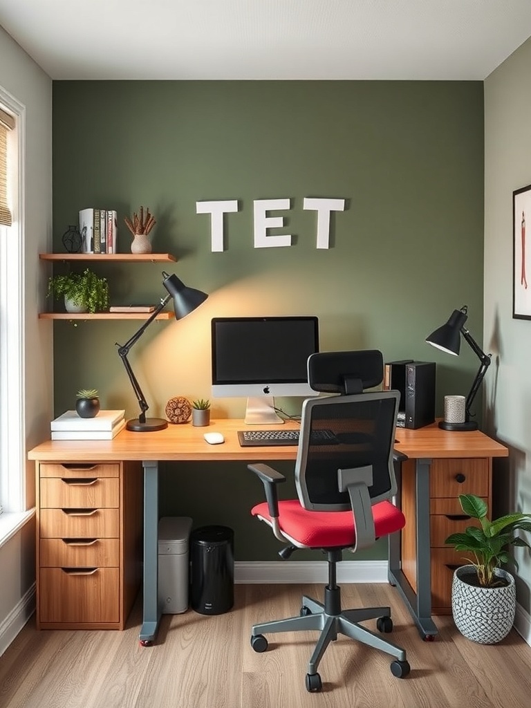 19 Inspiring Small Home Office Ideas 32 A small home office featuring a standing desk option with a modern design, green walls, and decorative elements.