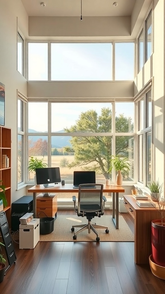 10 Cozy Home Office Ideas for Ultimate Comfort 6 A bright home office with large windows, two desks, and a view of trees and fields outside.