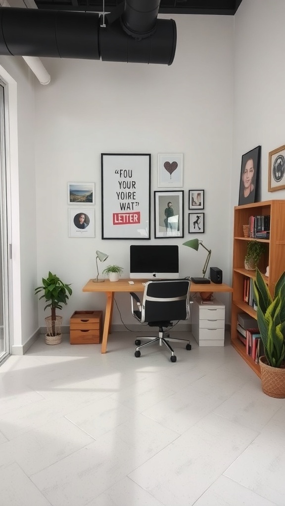 A small home office featuring a desk, chair, wall art, and plants.