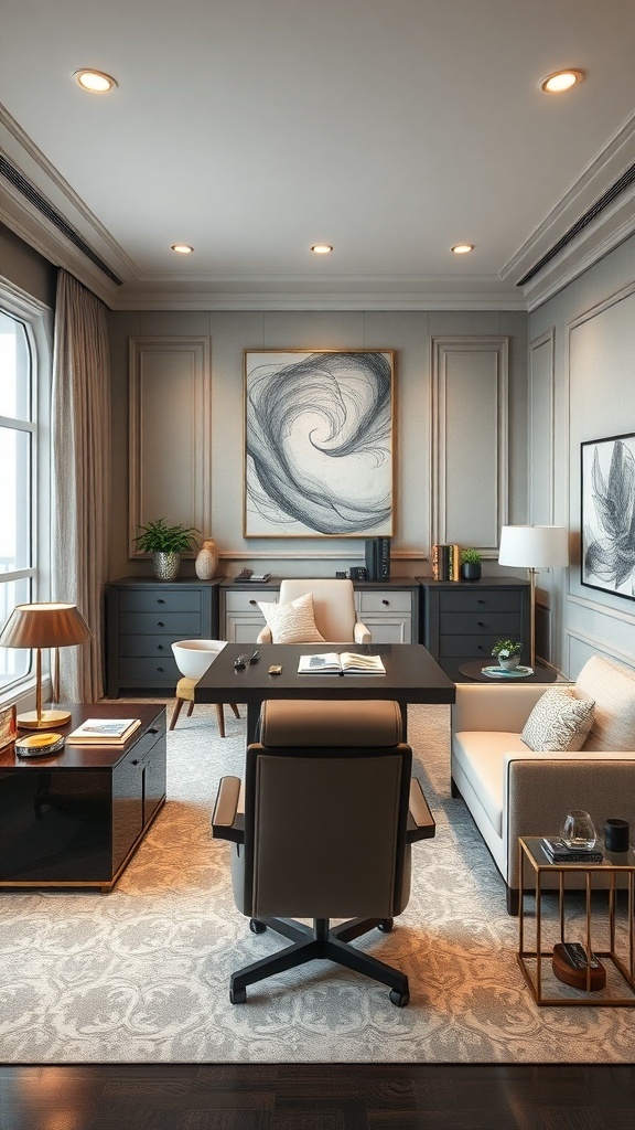 15 Inspiring Home Offices You'll Absolutely Adore 15 A luxury executive office suite featuring a modern desk, comfortable chair, and stylish decor.
