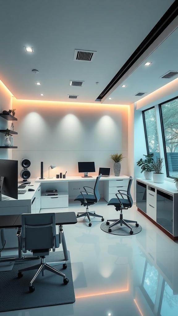 15 Inspiring Home Offices You'll Absolutely Adore 6 A modern tech hub featuring a sleek office design with two chairs, a desk with monitors, and stylish decor.