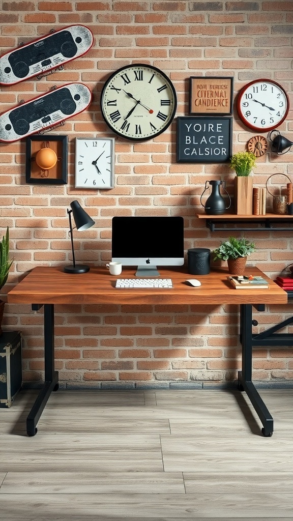 19 Inspiring Home Office Desk Ideas to Elevate Your Workspace 24 A stylish industrial chic desk setup featuring a wooden desk, black metal legs, a computer, and decorative wall items.