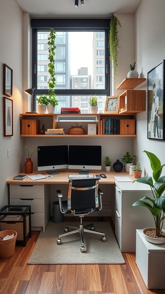 15 Inspiring Home Offices You'll Absolutely Adore 13 A compact urban office featuring a wooden desk with two monitors, a comfortable chair, and plants on shelves and the desk.