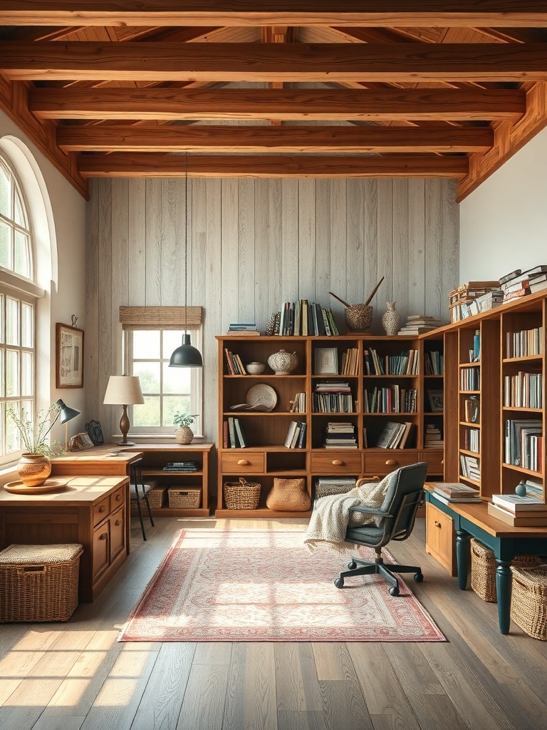 15 Inspiring Home Study Room Designs You'll Fall In Love With 14 A rustic farmhouse study featuring wooden beams, bookshelves, a cozy chair, and a large window.
