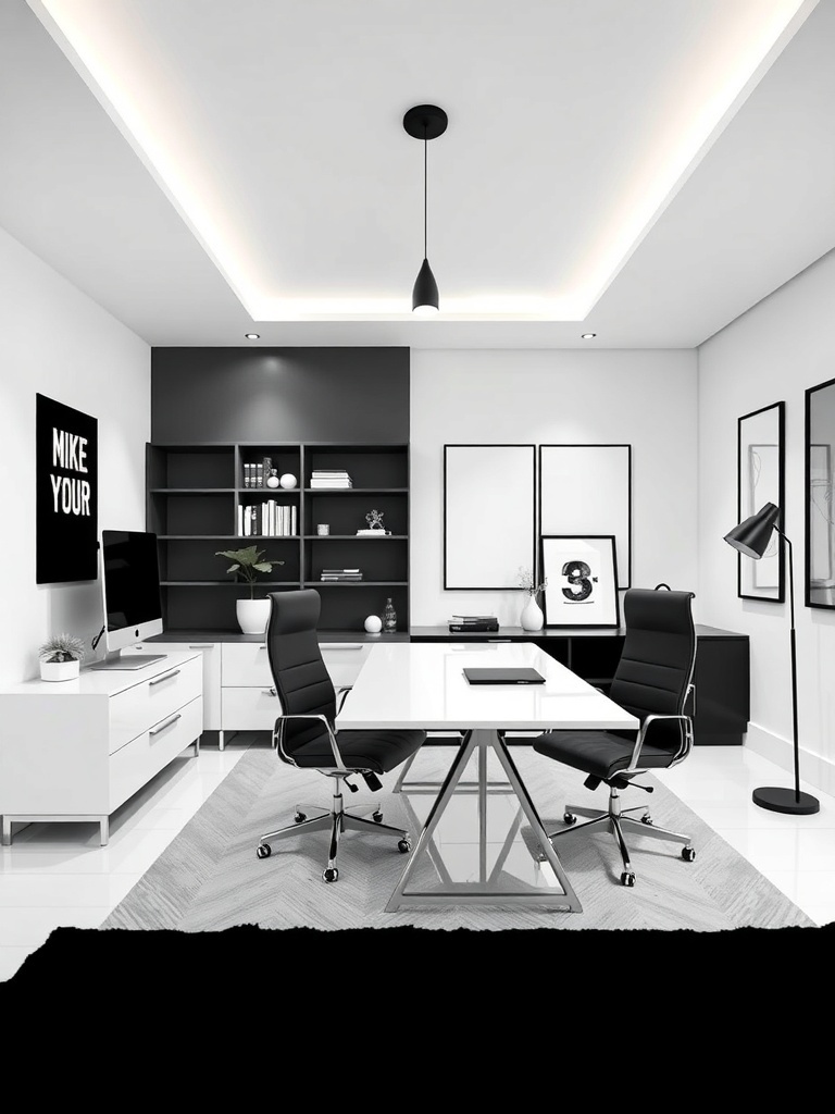 A sleek monochrome home office featuring a modern desk, black chairs, and minimalist decor.